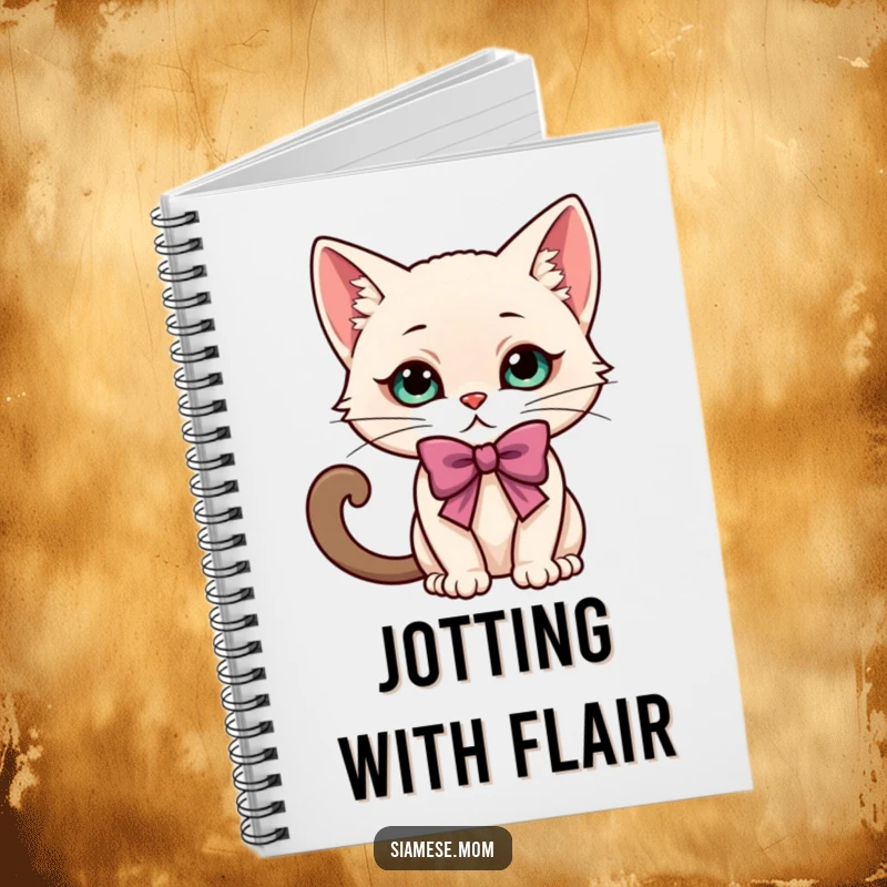 Funny kawaii Siamese cat character in an elegant, playful bow, gracing the cover of a stylish notebook.