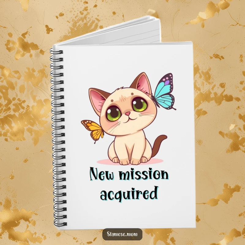 Funny Kawaii Siamese cat notebook cover with a curious cat intently watching a butterfly, ready for notes.
