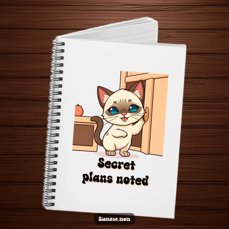 Funny notebook cover featuring a mischievous Kawaii Siamese cat trying to open a cabinet, great for note-taking with a humorous theme.