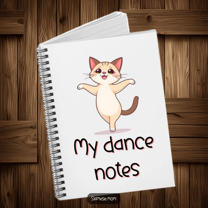 Funny cute Siamese cat character performing a joyful, ballet-like pirouette, on the cover of a notebook.