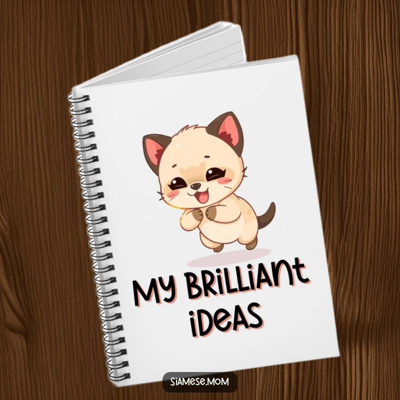 Funny Siamese cub giggling while chasing a shimmering light beam, a humorous notebook perfect for capturing creative and playful ideas.