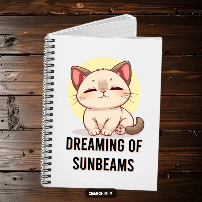 Funny notebook illustrated with a kawaii Siamese cat basking in a sunbeam, ideal for jotting down happy thoughts.