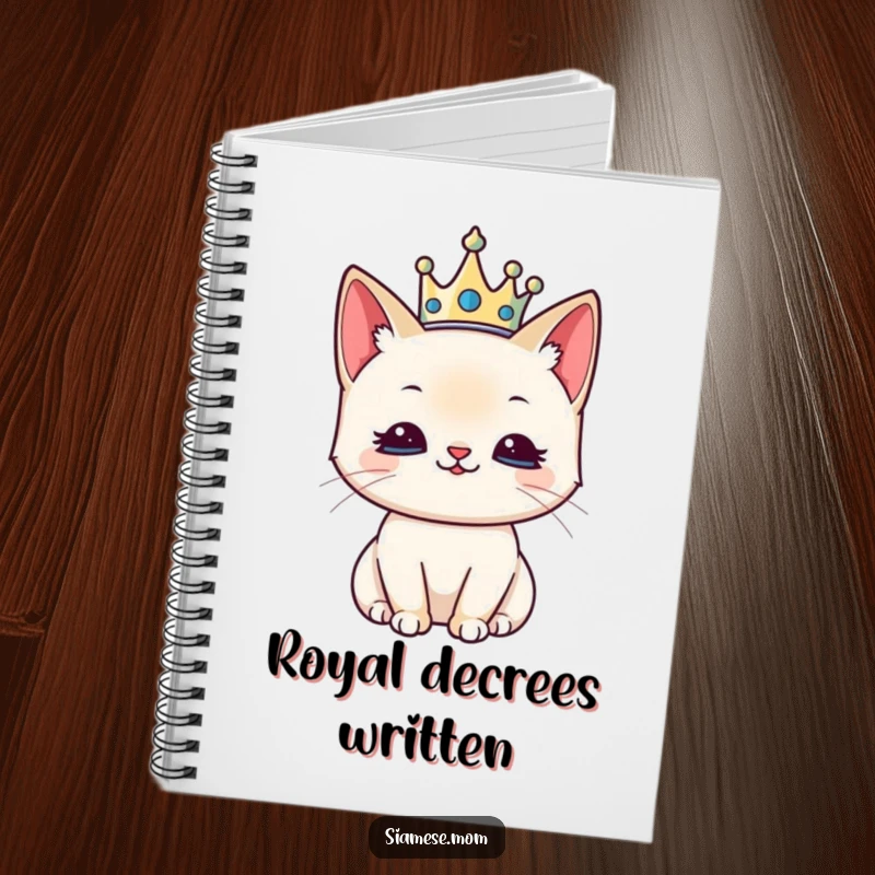 Funny notebook illustrated with a kawaii Siamese cat wearing a tiny crown, looking regal and pleased.