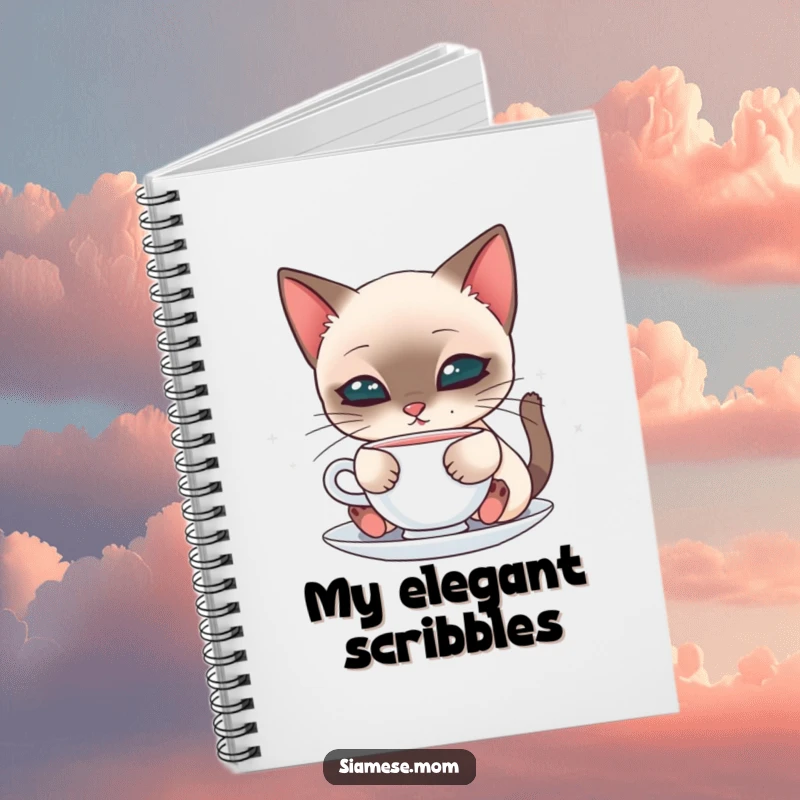 Cute notebook cover of a kawaii Siamese cat delicately sipping from a saucer, perfect for jotting down thoughts.