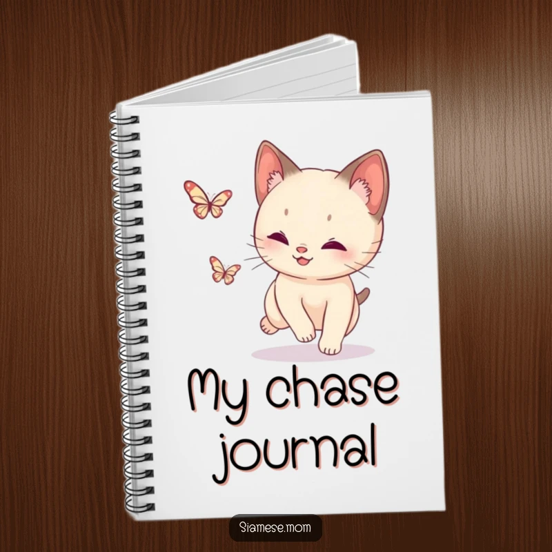 Funny Siamese Cat Butterfly Notebook: Features a playful cat intently chasing a tiny sparkling butterfly, perfect for note-taking.
