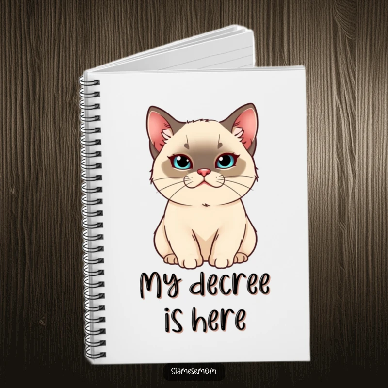 Funny Kawaii Siamese cat notebook of a smug, pampered cat, perfect for jotting down regal plans with humor.