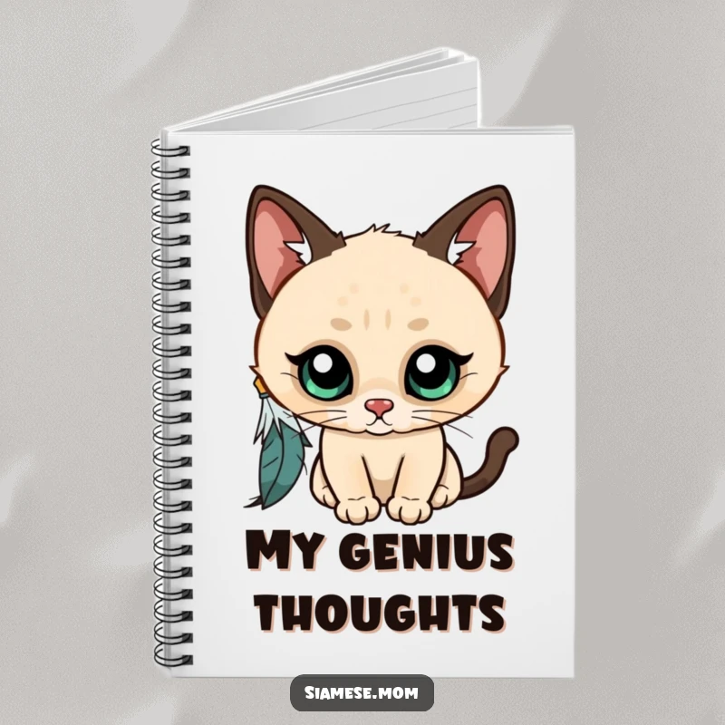Funny Kawaii Siamese cat notebook, wide-eyed and curious, batting at a dangling feather, a space for creative thoughts and feline fun.