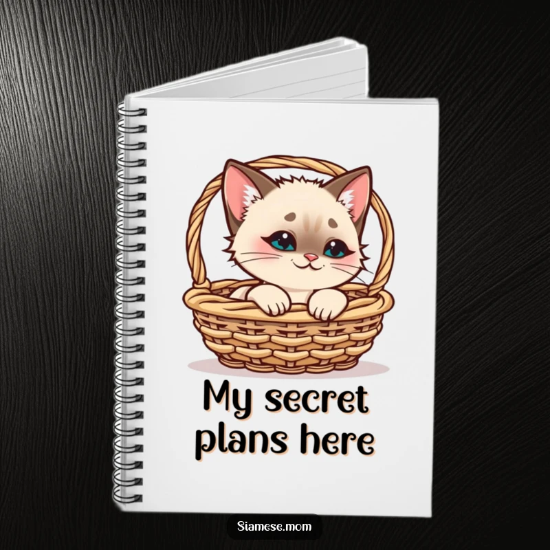 Funny Siamese Cat Notebook, kawaii cat peeking from a basket with a playful smirk, perfect for funny journaling gifts.