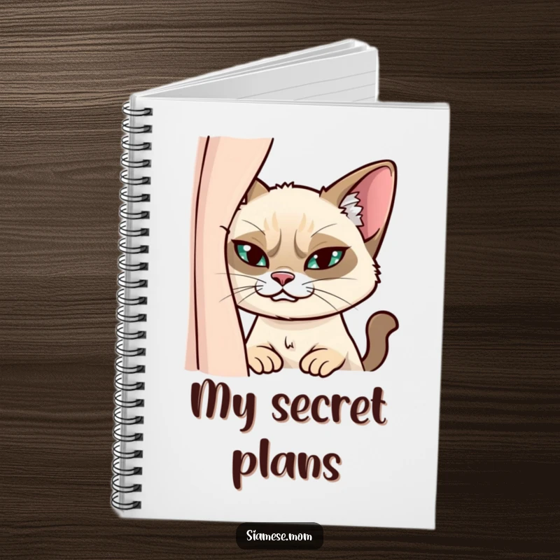 Funny Siamese Cat Notebook: Features a mischievous cat peeking from behind a curtain with a sly grin, perfect for note-taking.