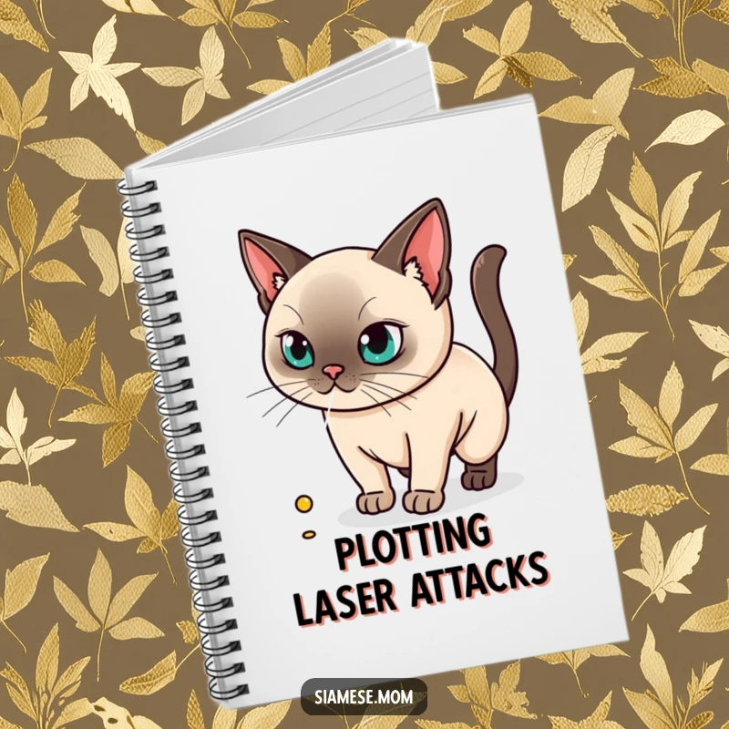 Funny notebook illustrated with a kawaii Siamese cat intensely focused on a laser dot, ideal for note-taking.