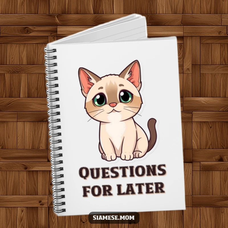 Funny notebook illustrated with a kawaii Siamese cat with a questioning head tilt, ideal for jotting down curious thoughts.