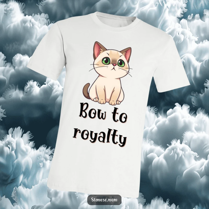 Funny T-Shirt graphic of a kawaii Siamese cat with a regal posture, surveying its surroundings like a true monarch, embodying feline majesty.