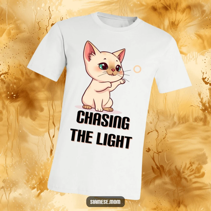 Funny Siamese Cat T-Shirt, cat batting at a projected laser dot, energetic and funny gift for active types.