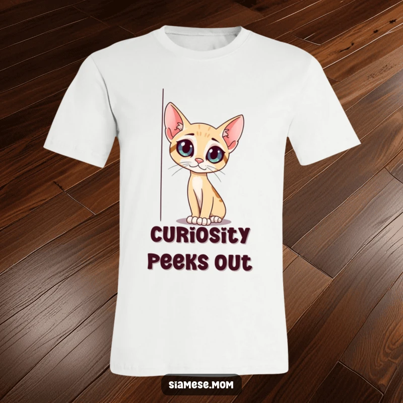 Funny slender cat t-shirt, with big curious eyes, peeking around a corner, showcasing playful curiosity, a perfect funny gift.