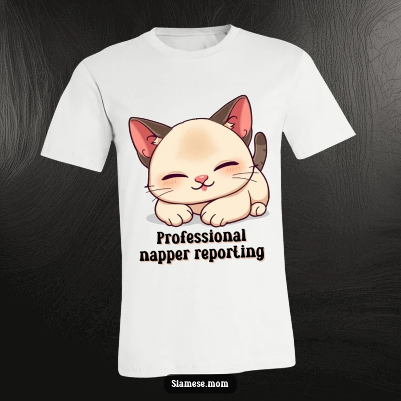 Funny Kawaii Siamese cat t-shirt depicting a lazy, contented stretch with closed eyes, ideal for humor-loving cat owners.