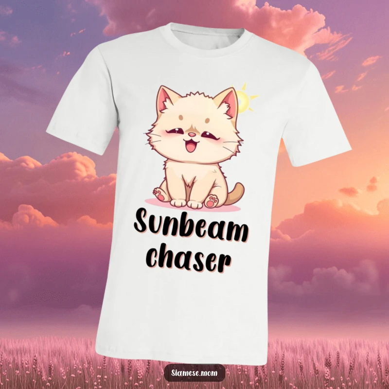 Funny t-shirt graphic of a fluffy Kawaii Siamese cat joyfully batting its paws at a sunbeam, depicting playful feline energy.