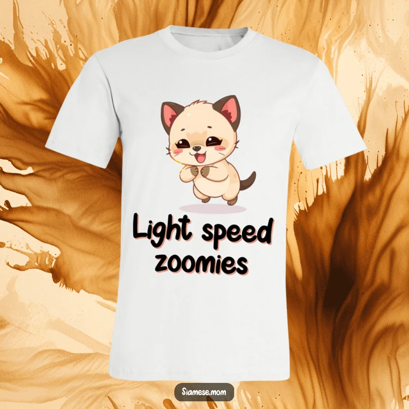 Funny Siamese cub giggling and joyfully chasing a shimmering light beam, a playful and humorous t-shirt design.