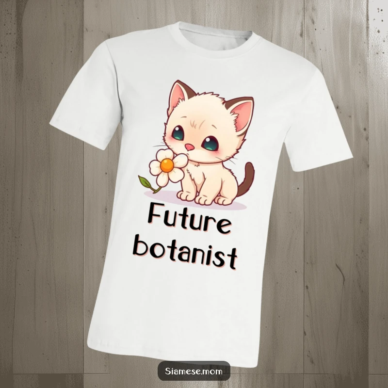 Funny Unisex T-Shirt: A cute kawaii Siamese kitten with big blue eyes curiously sniffing a vibrant red flower.