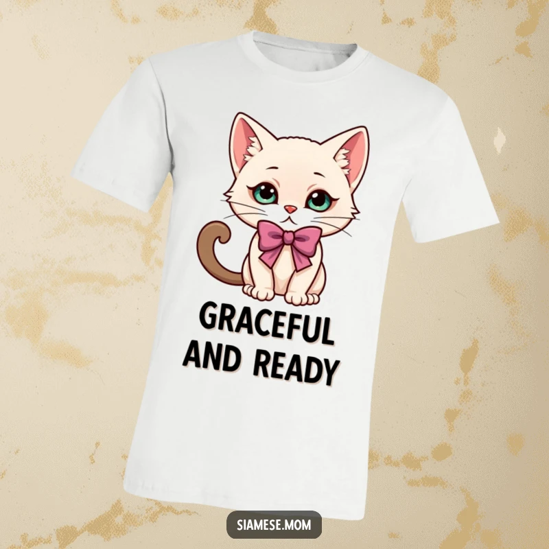 Funny kawaii Siamese cat character striking a cute, elegant, and playful bow, printed on a comfortable t-shirt.