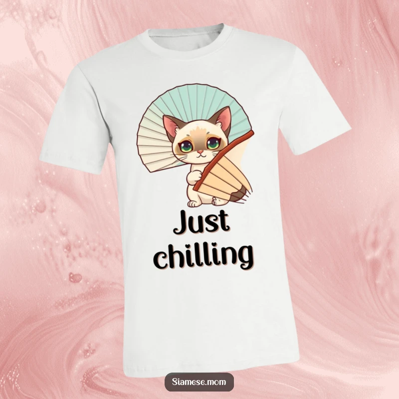 Funny Siamese Cat T-Shirt: A stealthy Siamese cat hilariously hides behind a decorative fan, embodying a playful and secretive personality.
