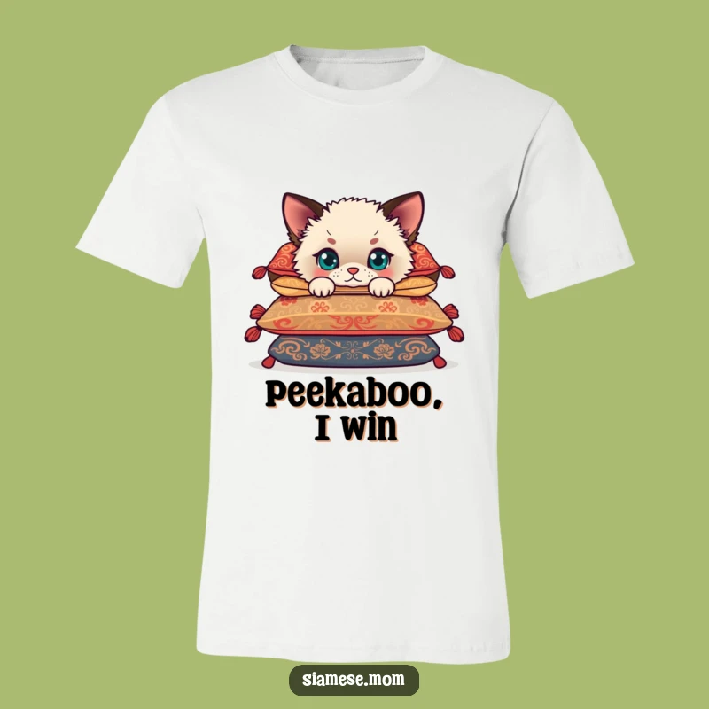 Funny Siamese Cub T-Shirt: Fluffy Kitten Hiding Behind Cushions Tee Gift