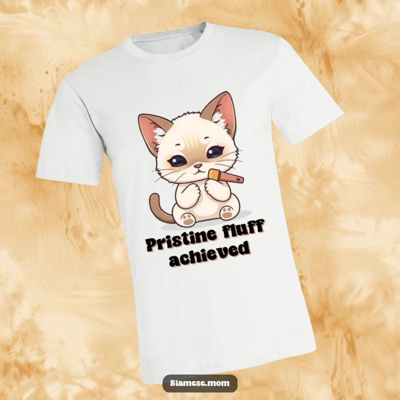 Funny Kawaii Siamese cat t-shirt showing a cute cat carefully brushing its fur with a small grooming brush.