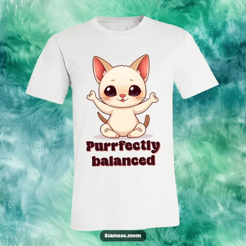 Funny T-Shirt graphic of a kawaii Siamese cat gracefully performing a yoga pose with a happy smile, embodying feline flexibility and joy.
