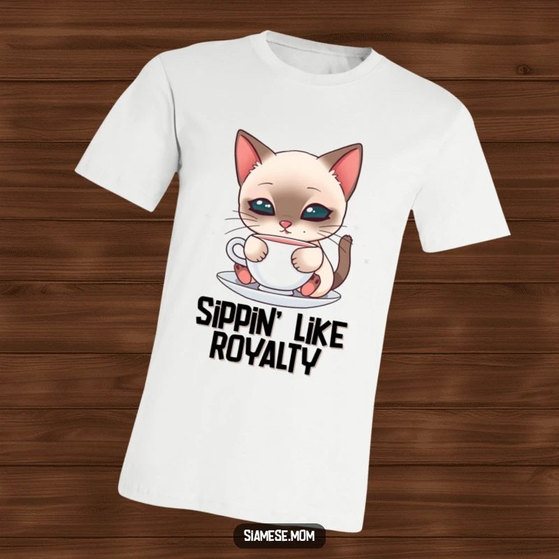 Cute t-shirt showcasing a kawaii Siamese cat gracefully sipping from a saucer, perfect for feline admirers.