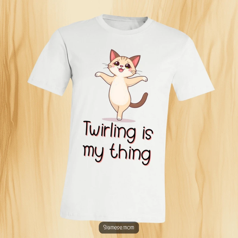 Funny cute Siamese cat character doing a joyful, ballet-like pirouette, printed on a soft t-shirt.