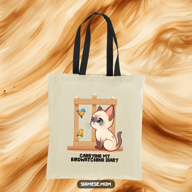 Funny Kawaii Siamese cat tote bag illustrating intense bird watching through a window, a humorous accessory for watchers.