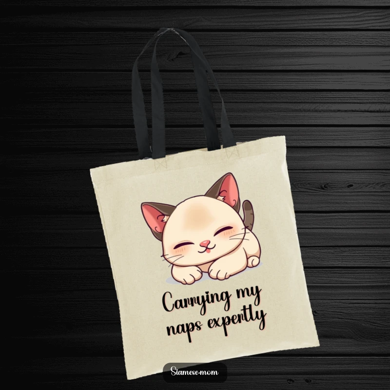 Funny Kawaii Siamese cat tote bag with a lazy, contented stretch design, a stylish and humorous accessory for cat lovers.