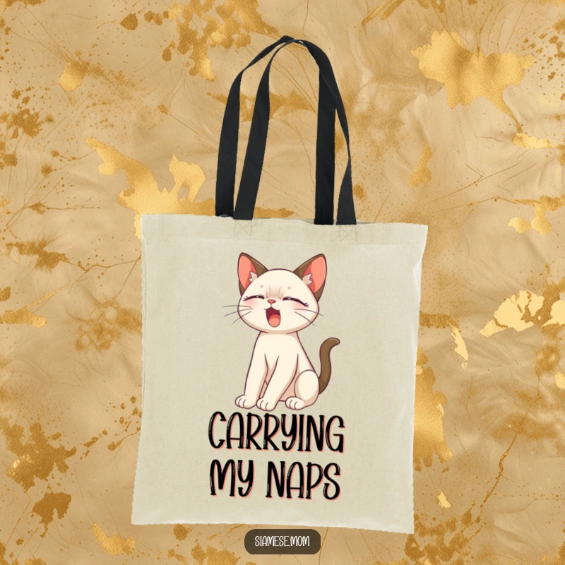 Funny Siamese Cat Tote Bag with a cute, stretching Siamese cat, perfect for shopping or everyday use.