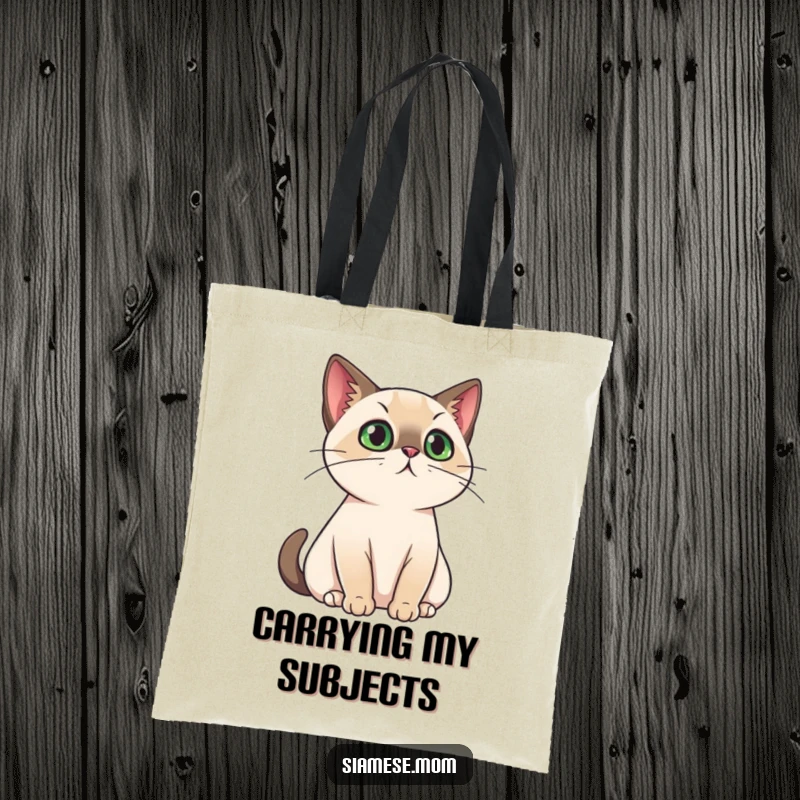 Funny Tote Bag featuring a kawaii Siamese cat with a regal bearing, surveying its surroundings like a queen, perfect for carrying treasures.