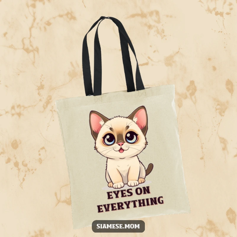 Funny Eco Tote Bag: A kawaii Siamese kitten with exaggeratedly wide eyes, looking directly forward in surprise.