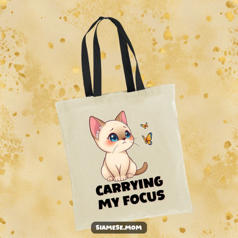 Funny Kawaii Siamese Cat Tote Bag Alert Posture Watching Distant Butterfly, Cute Cat Accessory
