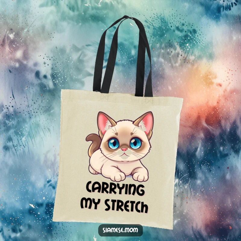 Funny tote bag featuring a small kawaii Siamese cat with bright blue eyes, stretching luxuriously, perfect for relaxation.