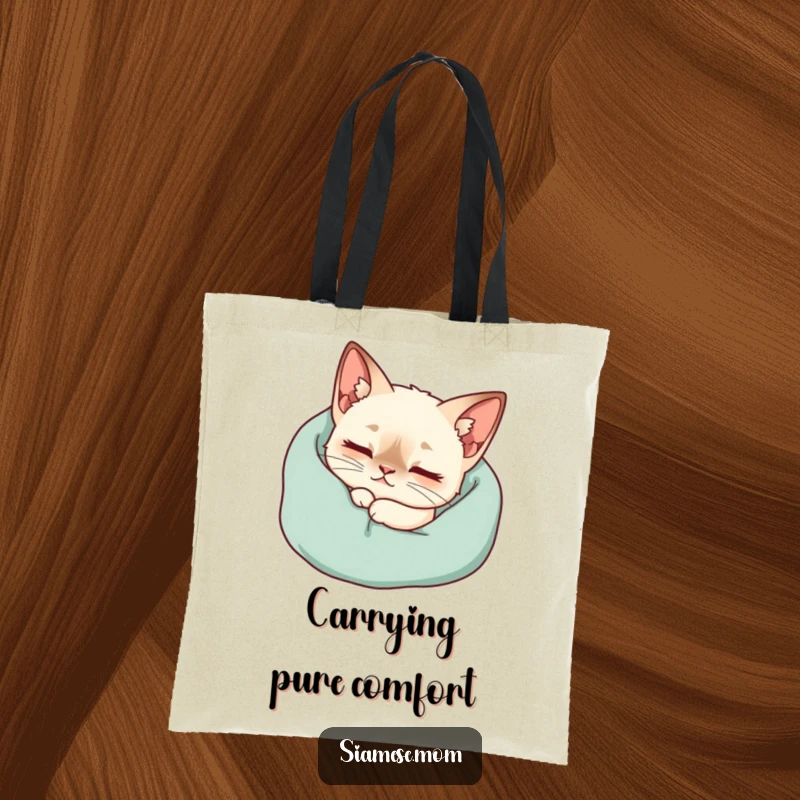 Funny Kawaii Siamese Cat Tote Bag Purring Contentedly Nestled Cozy Blanket, Comfy Cute Accessory