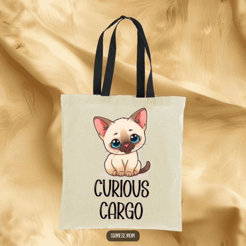 Funny tote bag featuring a curious kawaii Siamese cat with perked ears, arching its back, ready for adventures.