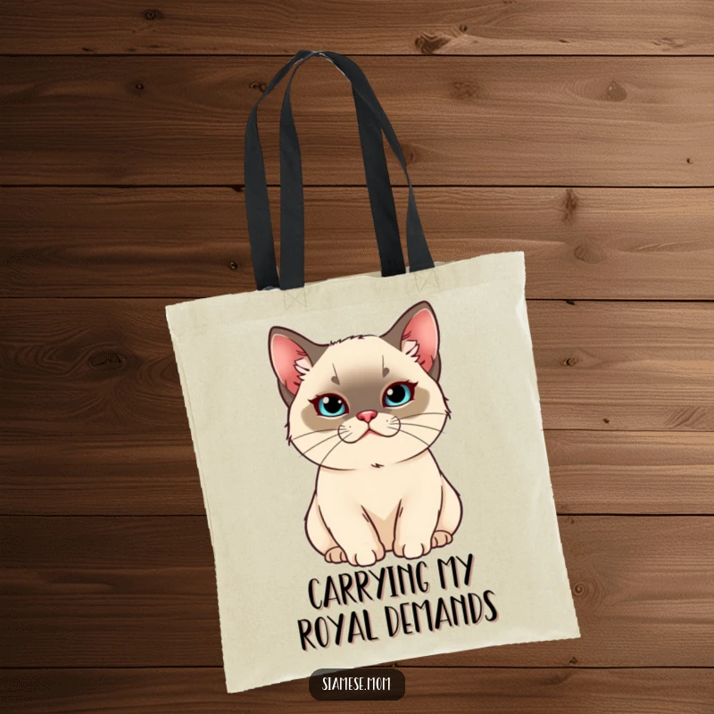 Funny Kawaii Siamese cat tote bag with a smug, pampered cat, ideal for carrying luxury and humor.