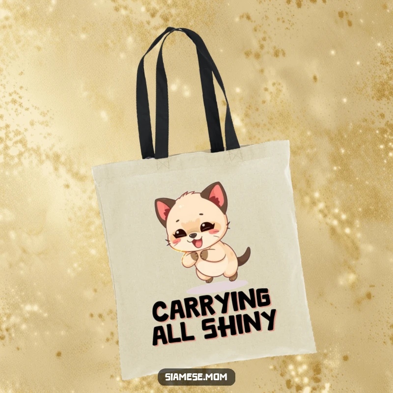 Funny Siamese cub giggling and chasing a shimmering light beam, a humorous and practical tote bag for everyday use.