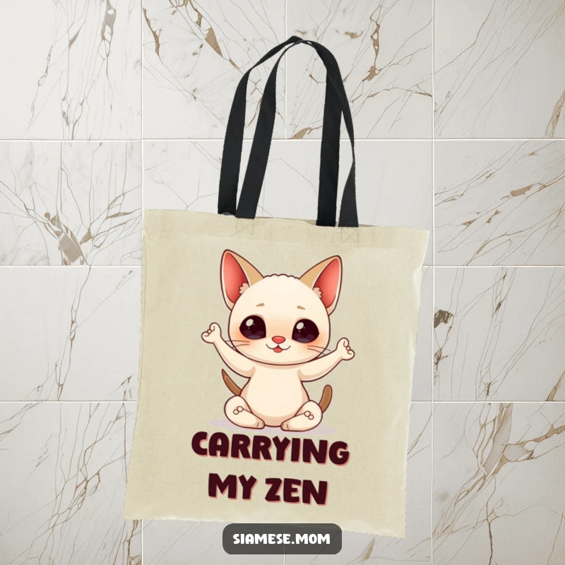 Funny Tote Bag featuring a kawaii Siamese cat in a graceful yoga pose, symbolizing balance, peace, and feline cuteness for everyday use.