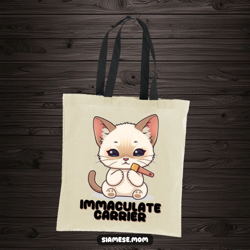 Funny Kawaii Siamese cat tote bag featuring a cat meticulously grooming its fur with a tiny brush, for stylish errands.