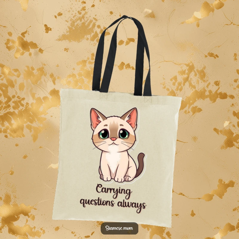 Funny tote bag design of a kawaii Siamese cat with a questioning head tilt, looking thoughtfully inquisitive.