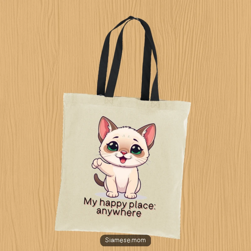 Funny Siamese Kitten Tote Bag showcasing a playful and energetic kawaii cat, perfect for carrying essentials with style and fun.