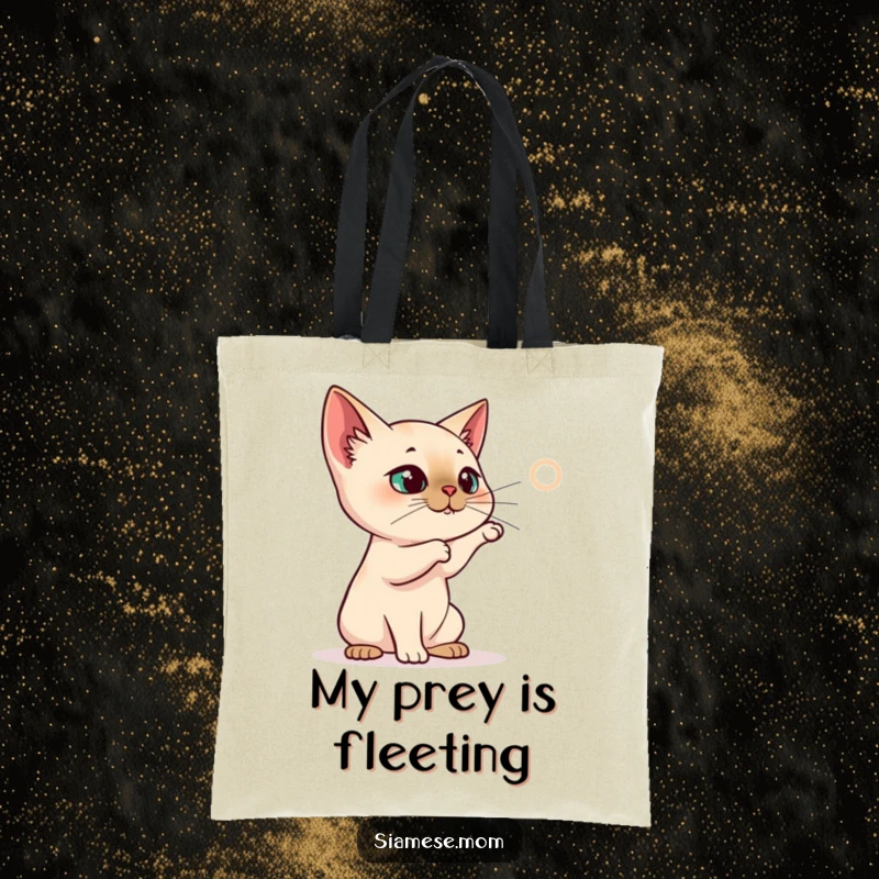 Funny Siamese Cat Tote Bag, cat batting at a projected laser dot, energetic and practical funny gift.
