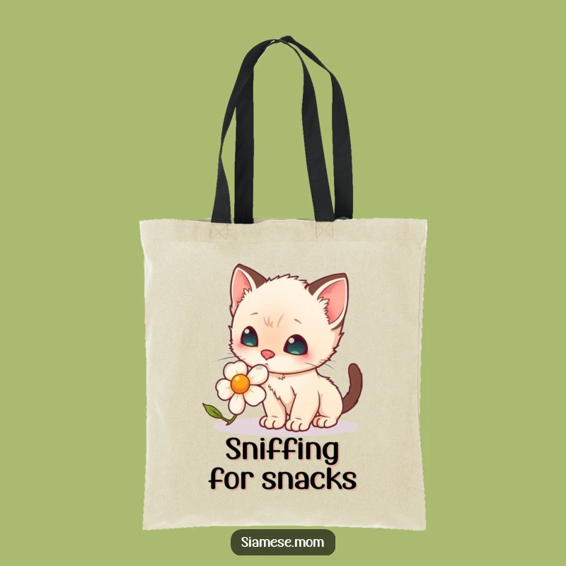 Funny Eco Tote Bag: Kawaii Siamese Kitten's Floral Curiosity